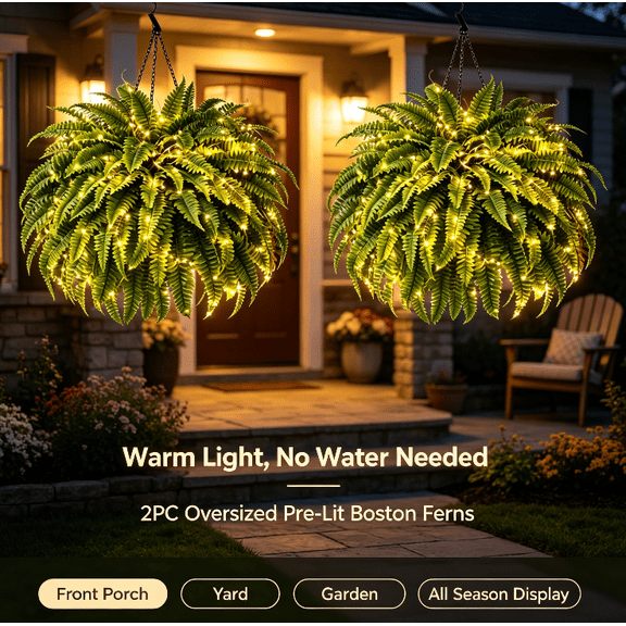 2PC Pre‑Lit Oversized Fake Hanging Boston Fern UV Resistant Faux Plant No Water for Garden Porch Front Door Living Room Office Indoor Outdoor Home Decor