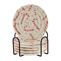 6 Pcs Drink Coasters with Holder 3.94in Woven Coasters for Drinks Candy Cane and Gold Stars Coaster Set for Protection Table