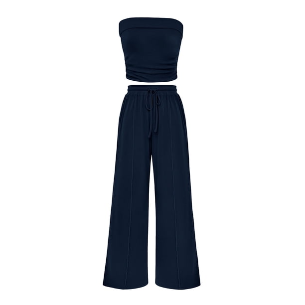 Conjunto Coordinado PRETTYGARDEN Top Corto de Punto Acanalado y Pantalones Navy XS