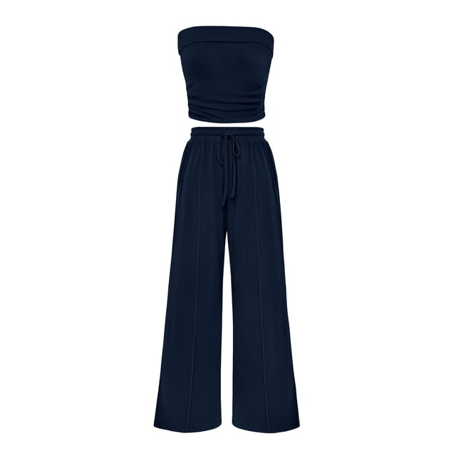 Conjunto Coordinado PRETTYGARDEN Top Tubo de Punto Acanalado y Pantalones Navy M