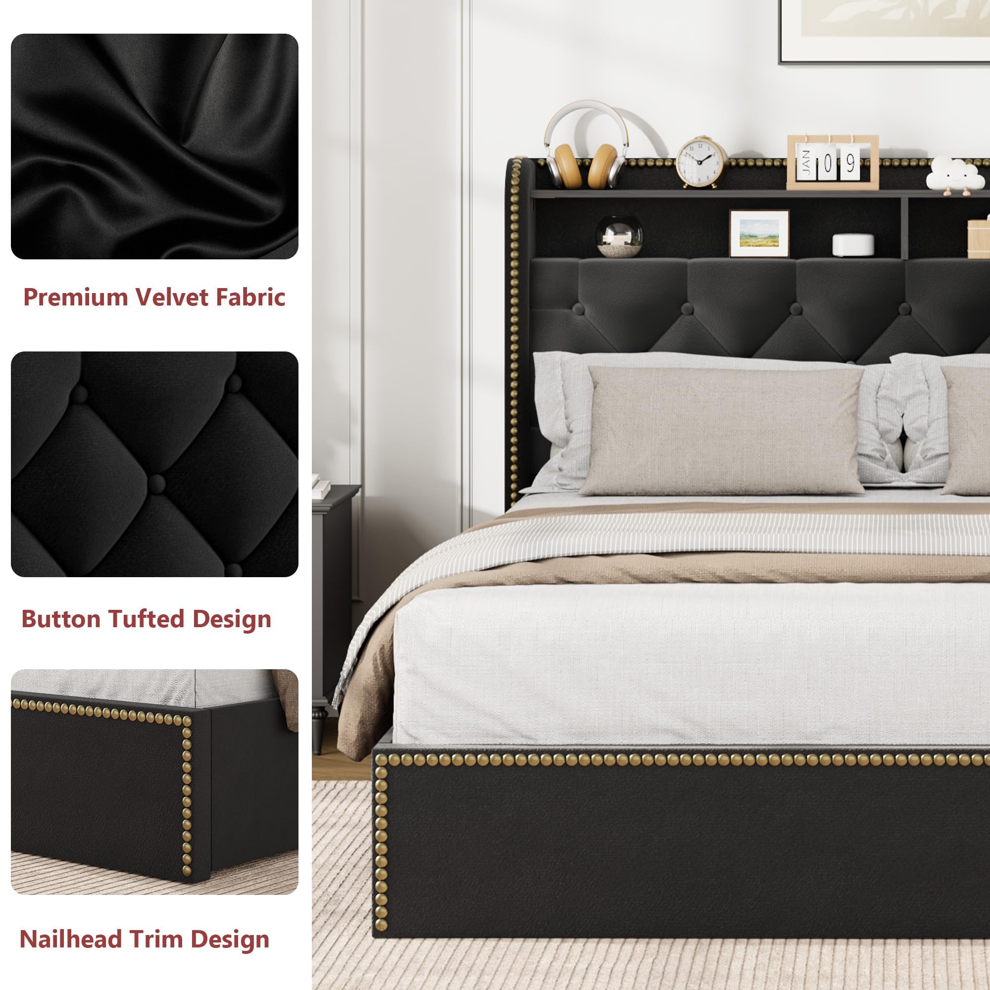 Towallmark Queen Size Bed Frame with Upholstered Headboard 2-Tier Shelf, Black Velvet Tufted Platform Bedframe with 4 Storage Drawers, Wooden Slats Support, No Box Spring Needed