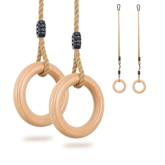 Wooden Gymnastics Rings,Pull up Rings with Adjustable Buckle, Wooden Swing Rings