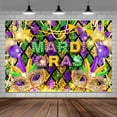 thumbnail image 2 of 8 x 6 ft Mardi Gras Mask Backdrop Purple Green Gold Beads Masquerade Party Photography Backdrop for Carnival Birthday Dancing Wedding Bachelorette Party Banner Photo Booth Props, 2 of 5