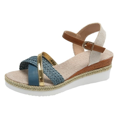 

Womens Sandals Ladies Weave Open Toe Buckle Strap Summer Slope Heel Thick Soled Wedges Sandals Sandals for Women 2024