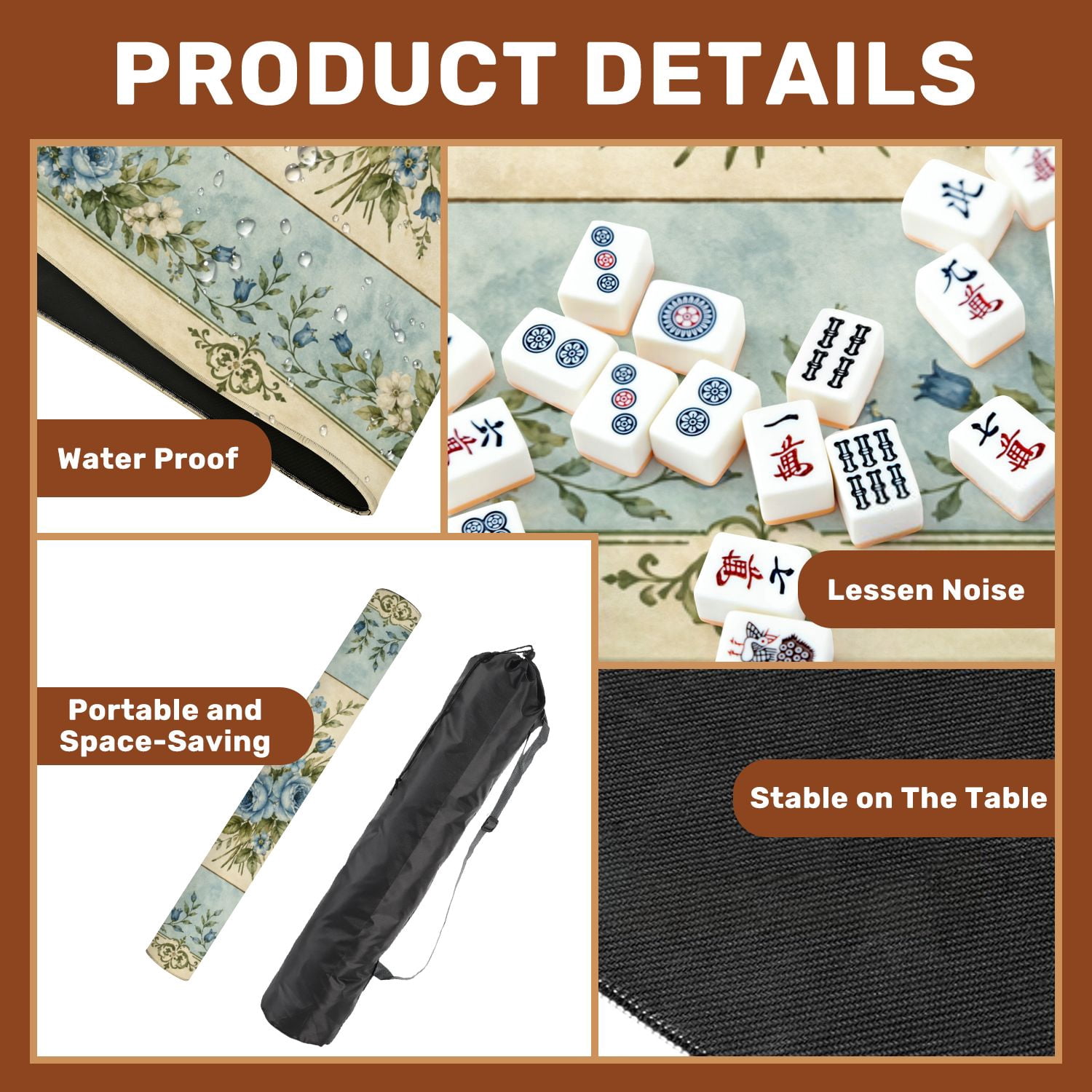 Mahjong Mat 31.5" x 31.5" Blue White Floral Bouquet Vintage Ornamental Frame Non-Slip Noise Reduction American Mahjong Tiles Table Cover for Dominoes Poker Card Board Games Gift