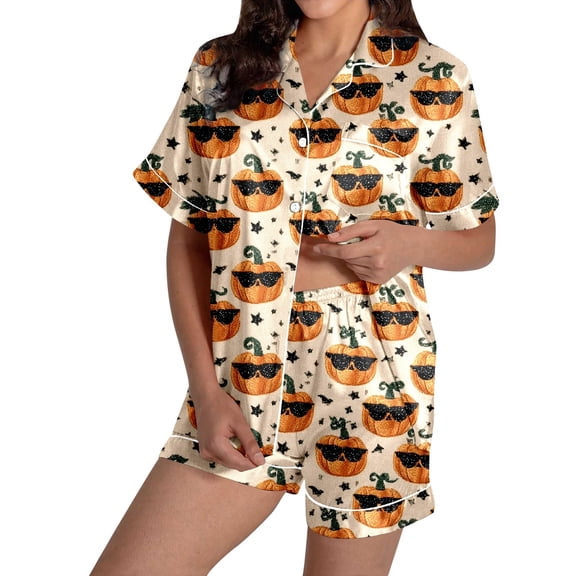 Muxikeji Clothes Halloween Pajamas Womens,Women'S Halloween Printed Short Sleeve Shorts Pajama Set With Pocket Button Front Comfortable Sleepwear Loungewear Nightwear
