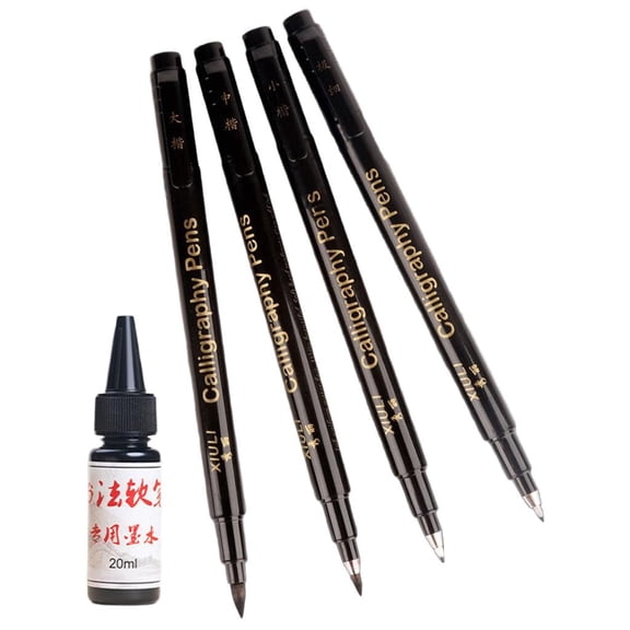 Ywmsfl 4Pcs Artist Art Brush Pen with 25ML Inks Bottle Ergonomic Grip Refillable Calligraphy Pen for Sketching Drawing Project