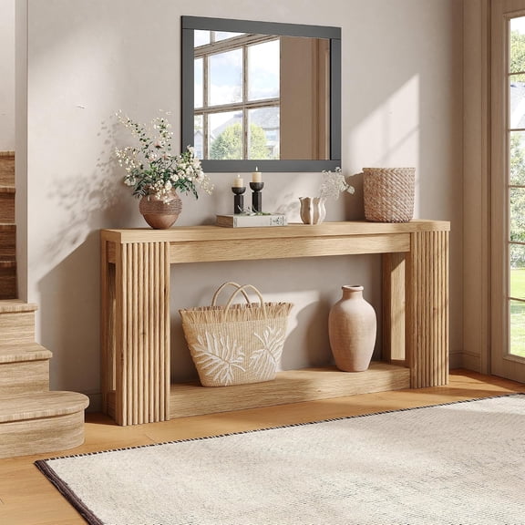 Fluted Wooden Console Table with 2 Storage, 71 Inches Rectangular Entryway Table Behind the Couch, Farmhouse Boho Sofa Table for Entrance, Hallway, Living Room (Natural)