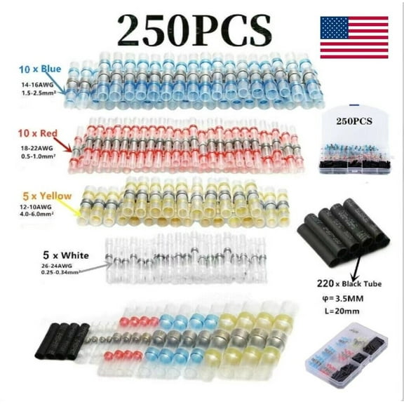 250PCS Waterproof Solder Sleeve Splice Wire Mix Heat Shrink Butt Connectors kit