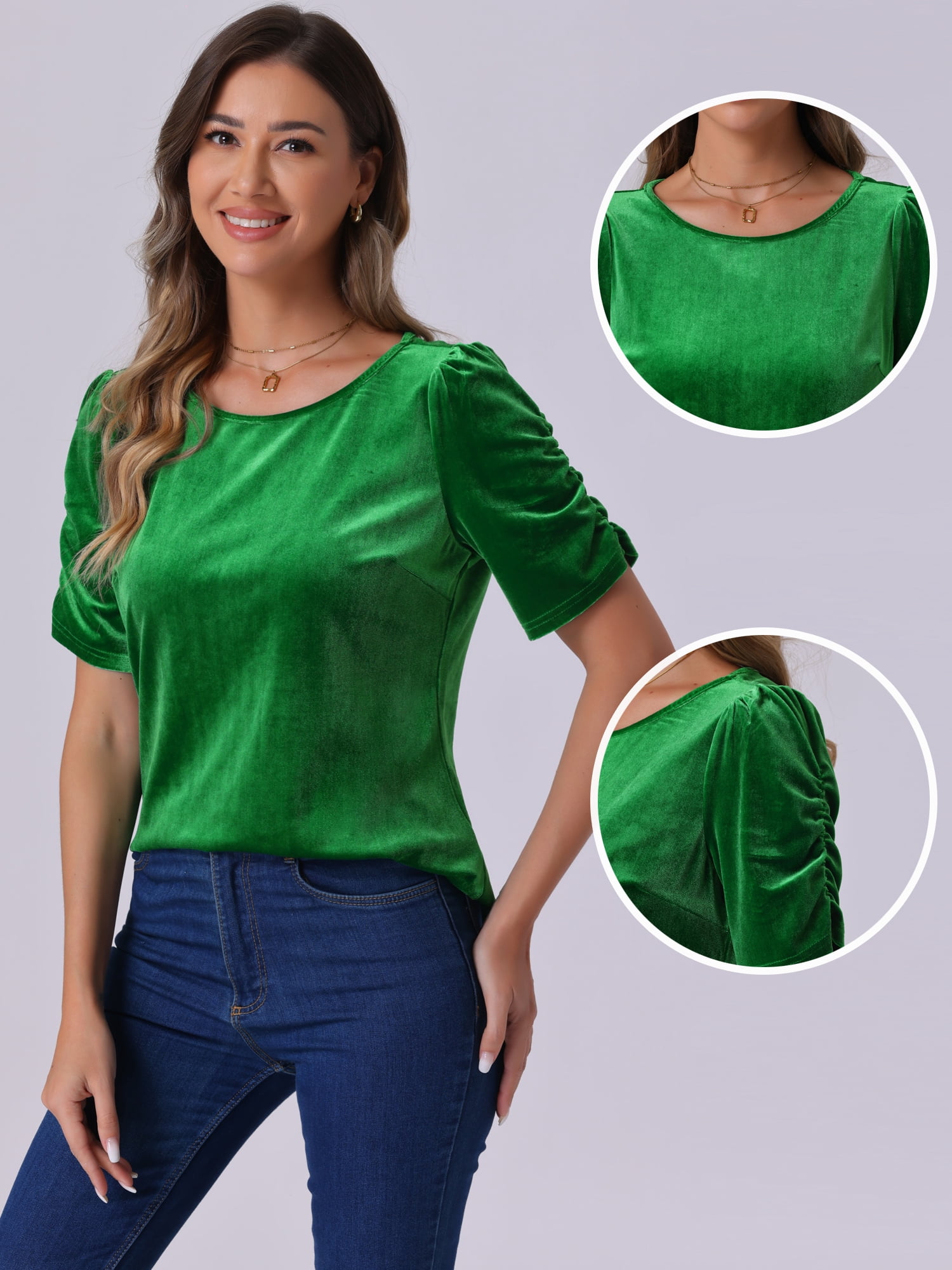 DARING DIVA Women's Round Neck Puff Short Sleeve Party Velvet Top XS Green