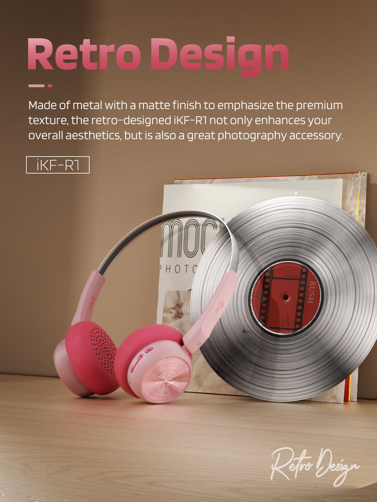 iKF R1 Wireless Retro Wireless Headphones Bluetooth 5.4 APP Custom Sound 60 Hours Playtime Game Mode Noise Isolation Built-in Microphone Throwback 80s 90s Design (Pink)
