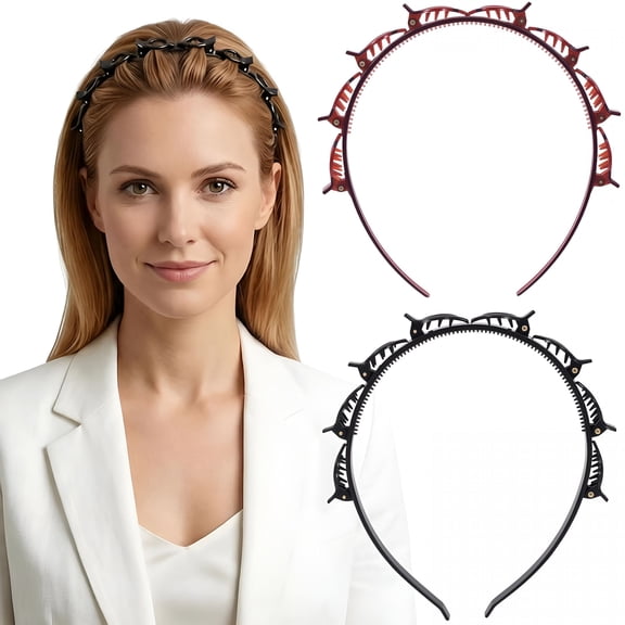 TUWAFE 2Pcs Headband with Clips for Women,Double Layer Bangs Hair Clip Hairpin Headband with Teeth,Braided Headbands Accessories for Daily,Parties,Festivals Hairstyling-Brown