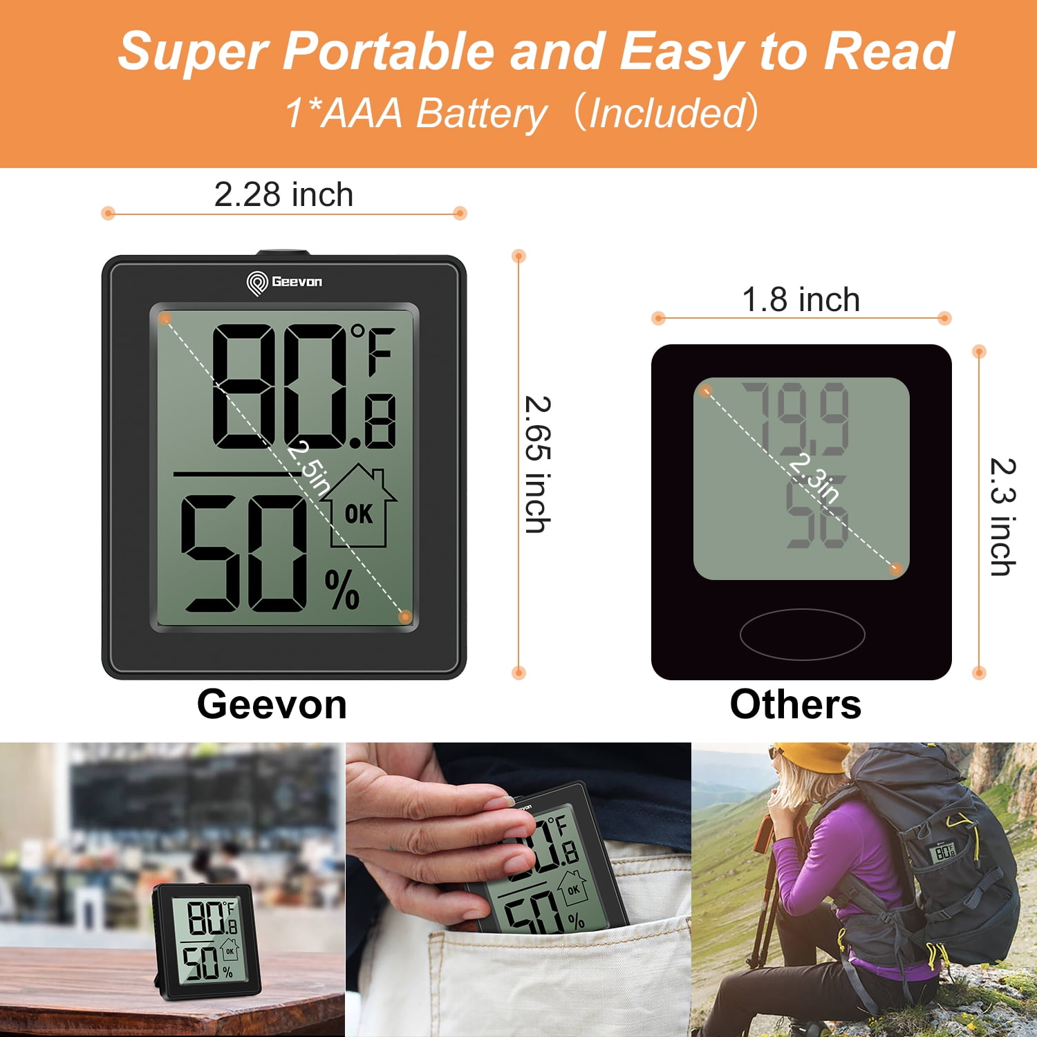 Geevon Digital Hygrometer, 3 Pack Indoor Thermometer Indoor Thermohygrometer with Battery, Digital Temperature Humidity Meter Indicator for Home, Office, Greenhouse, Mini Hygrometer(Black)