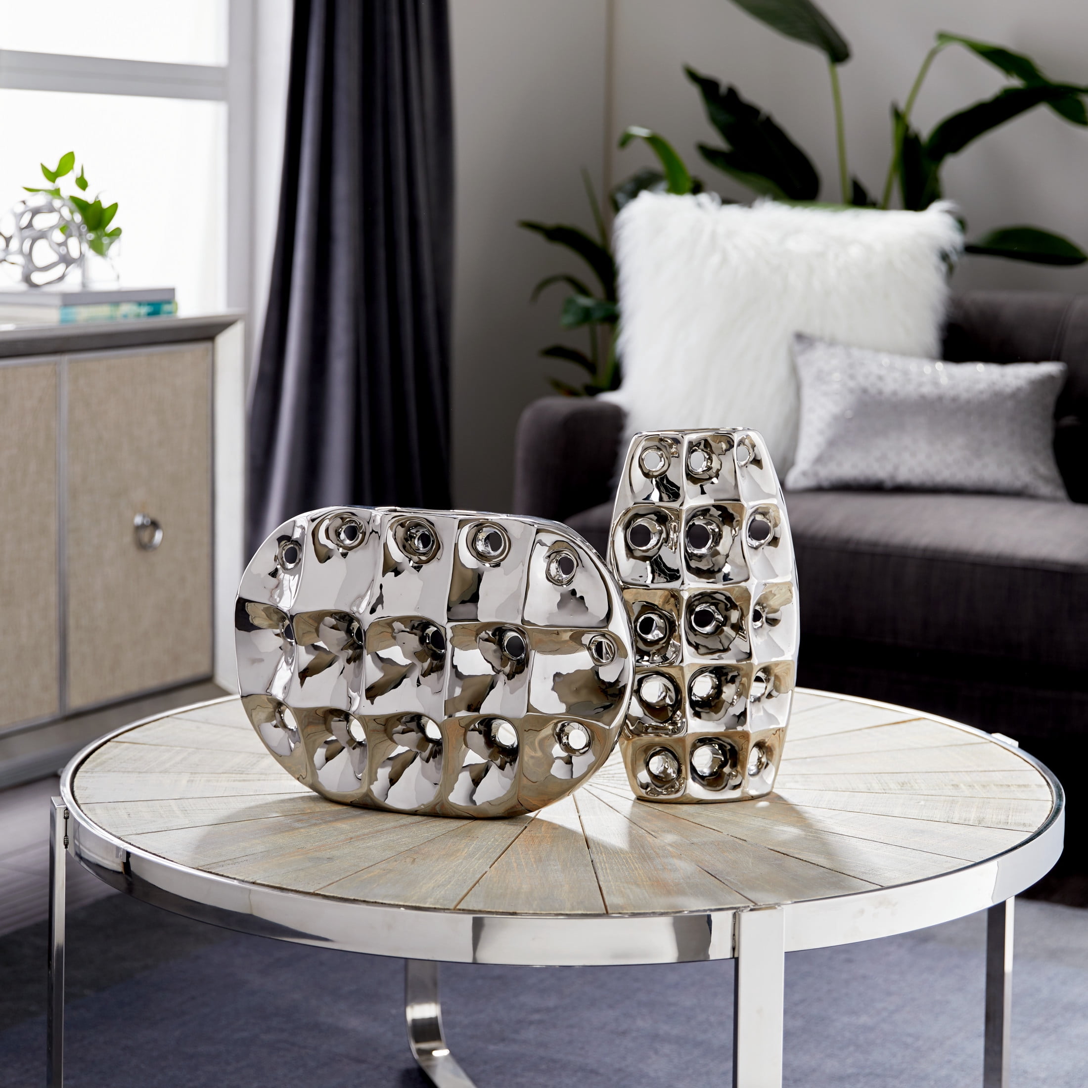 DecMode 14" Silver Ceramic Vase with Cut Out Designs