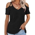 thumbnail image 2 of Camiseta de manga corta sólida de verano para mujer con hombros descubiertos y cuello en V informal con cordones OAVQHLG3B Store lin121212, 2 of 5