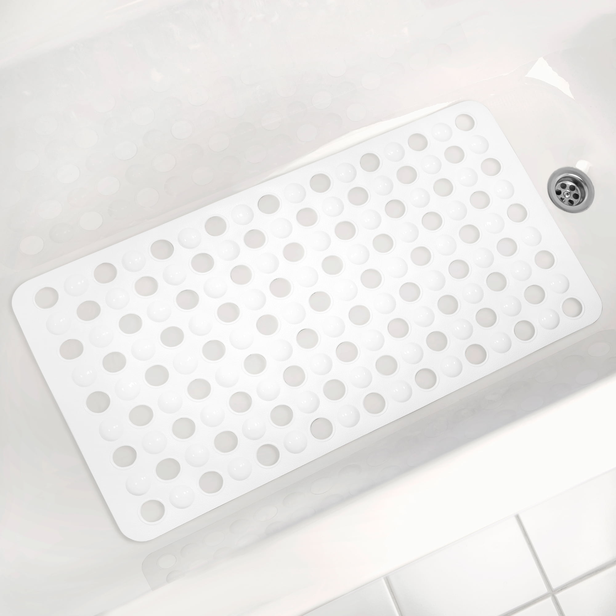 (4 pack) Mainstays 15" x 27" Non-Slip Cushioned PVC Bathtub Mat for Shower with Suction Cups and Drain Holes, White
