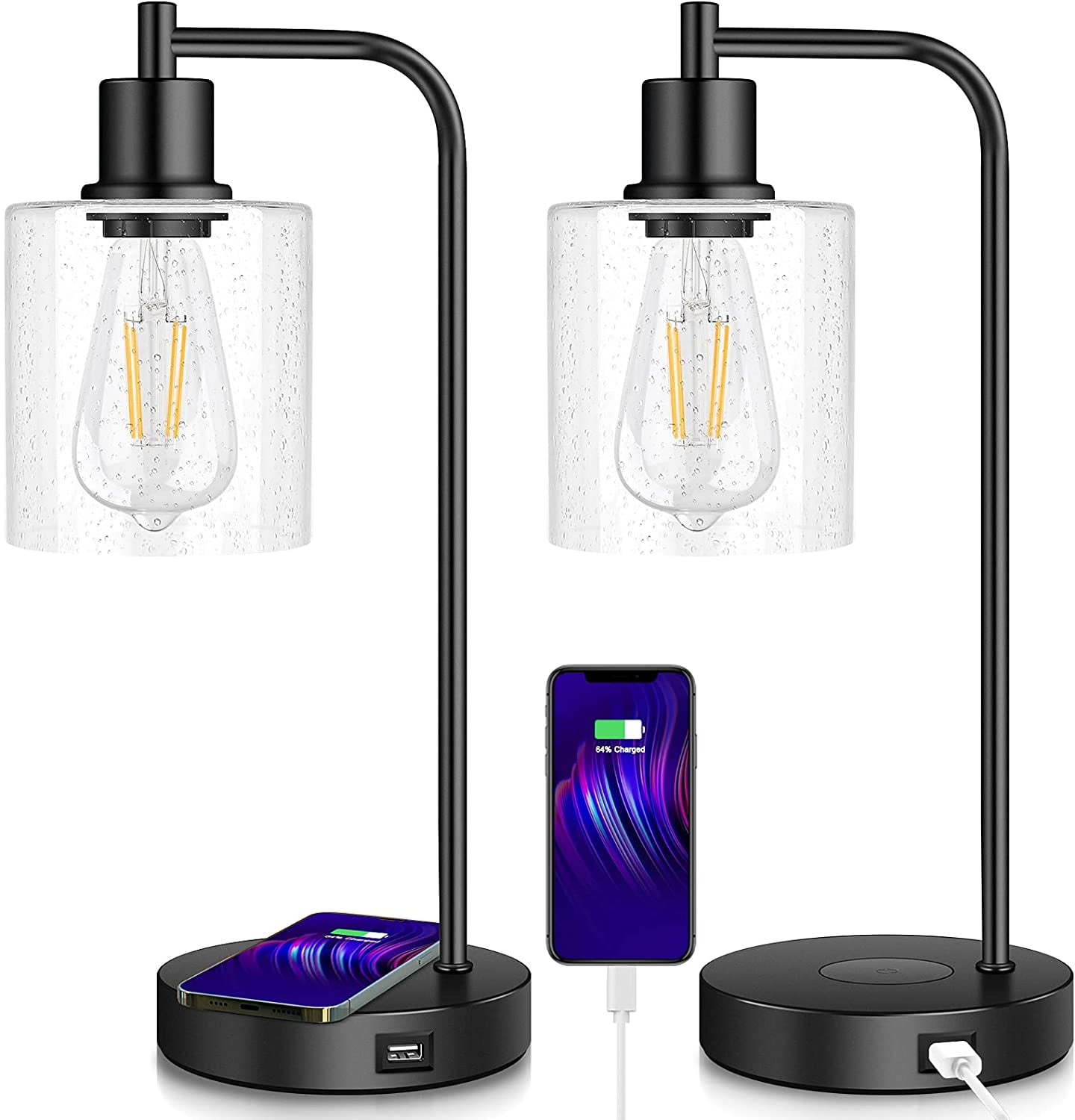Set of 2 Black Industrial Table Lamps with Seedy Glass Shades