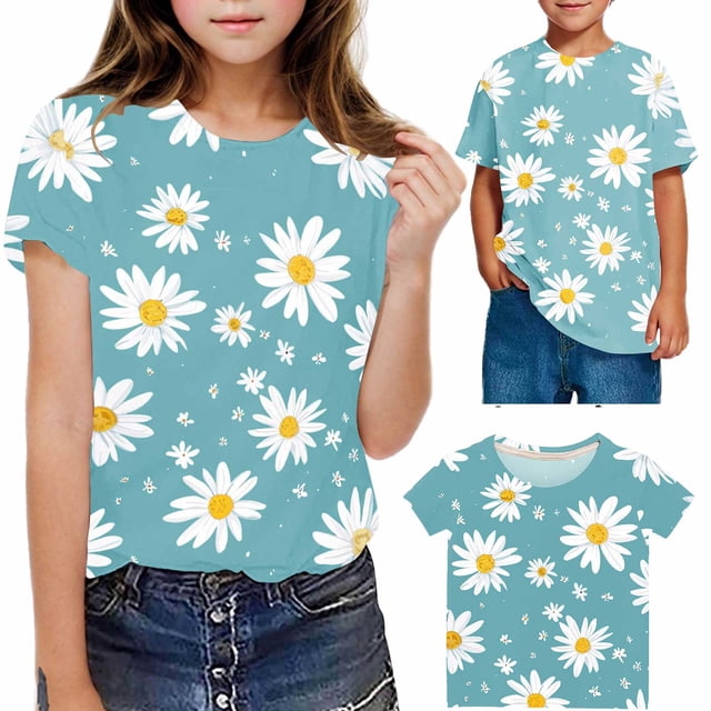 Zpanxa T-Shirts pour Filles Imprimé Ciel Étoilé Col Rond Manches Courtes Décontracté Polyester Spandex Topxx 5-6 Ans