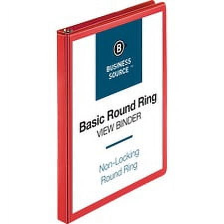 Business Source Round Ring Binder - 1/2" Binder Capacity - Round Ring Fastener(s) - 2 Internal Pocket(s) - Red - Clear Overlay, Labeling Area - 1 Each | Bundle of 5