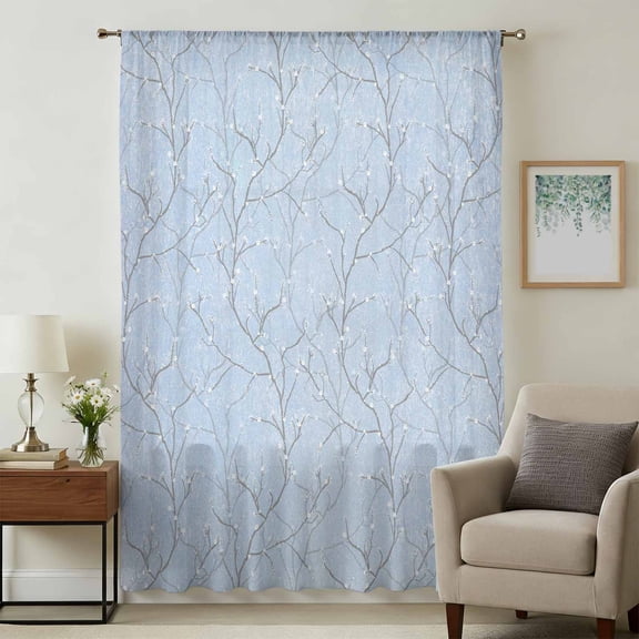 Blue Branches Sheer Curtains 108 Inches Extra Long, Vintage Art Farmhouse Light Filering Curtains, Privacy Drapes Simi Floor to Veiling Curtain for Living Room Bedroom Large Window Treatment
