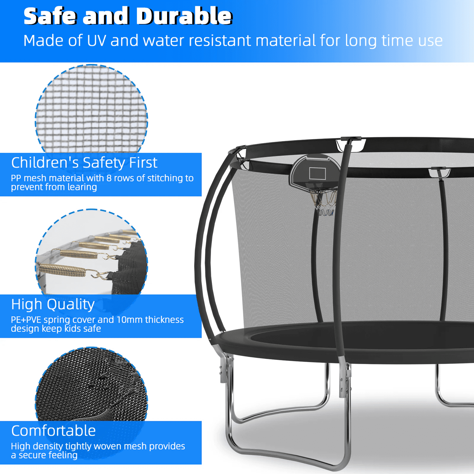 Seizeen Outdoor Kids Trampoline, 12FT Large Trampoline with Basketball Hoop & Enclosure, New Style Round Pumpkin Trampoline Anti-collision Curved Design, Black