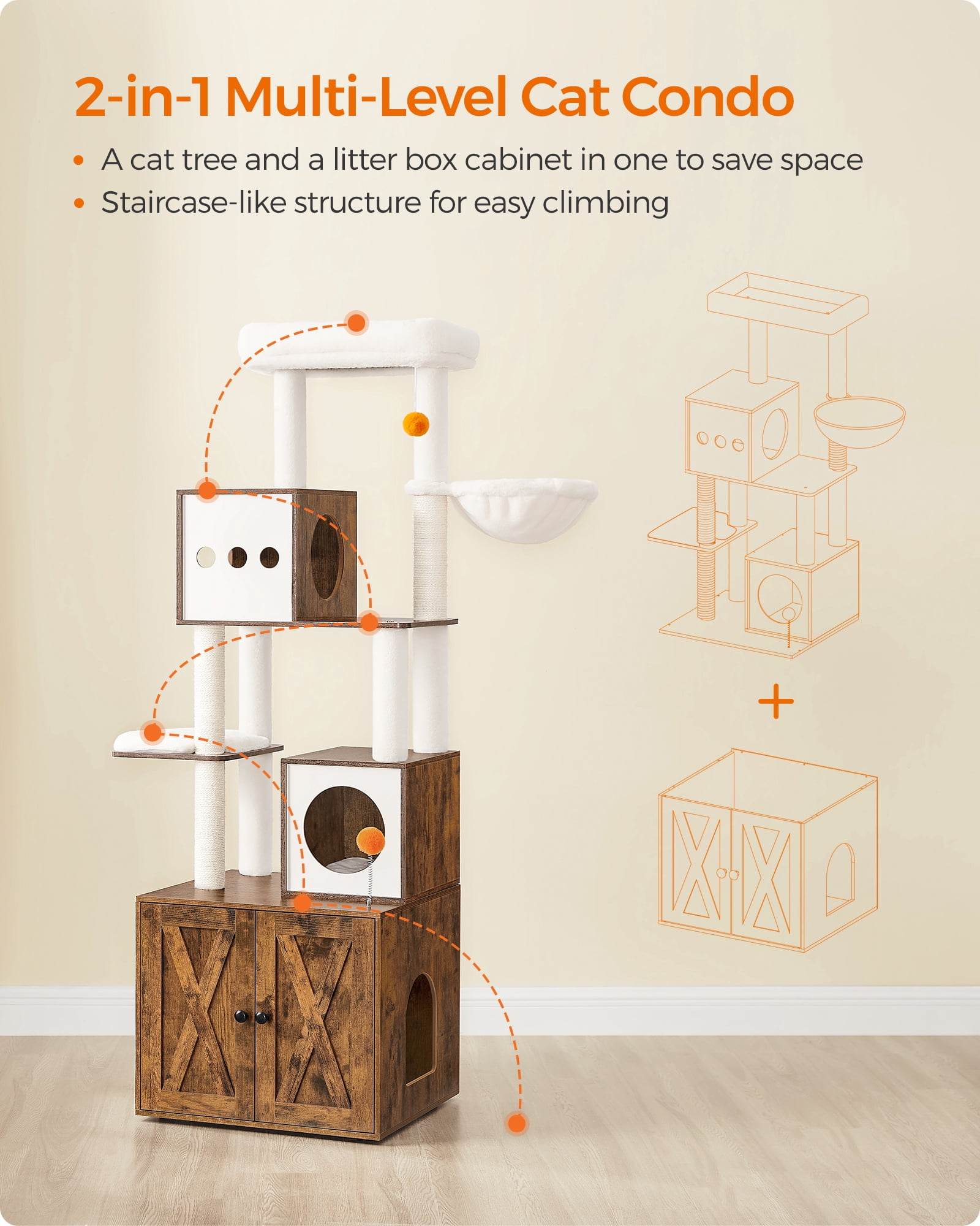 Cat Tree with Litter Box Enclosure - 2-in-1 Modern Cat Tower | 72.8-Inch Tall Condo with Scratching Posts, Perch, Caves, Basket, Washable Cushions, Rustic Brown