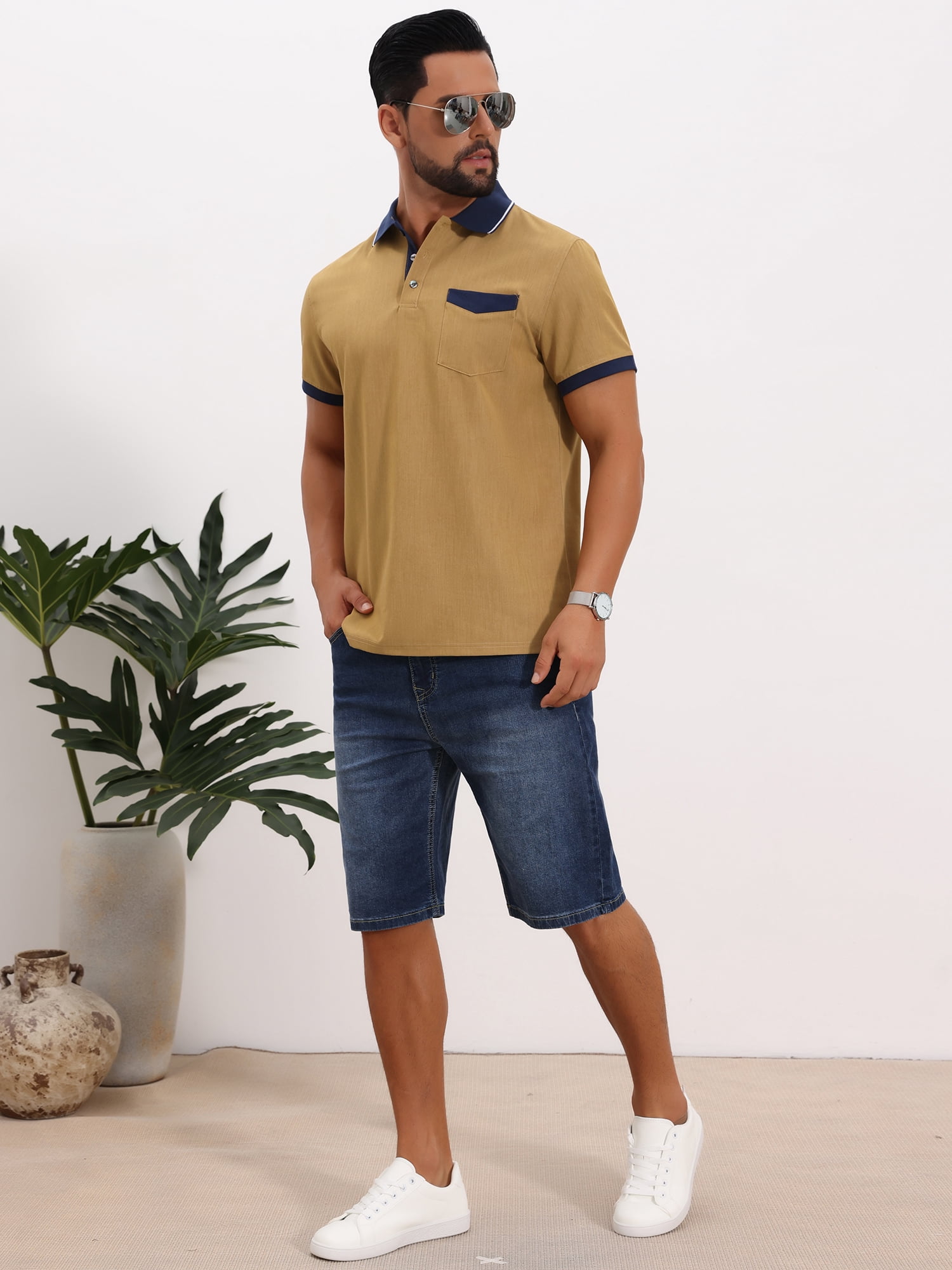DARING DIVA Men's Short Sleeve Western Retro Stretch Color-Block Polo Shirts XL Khaki