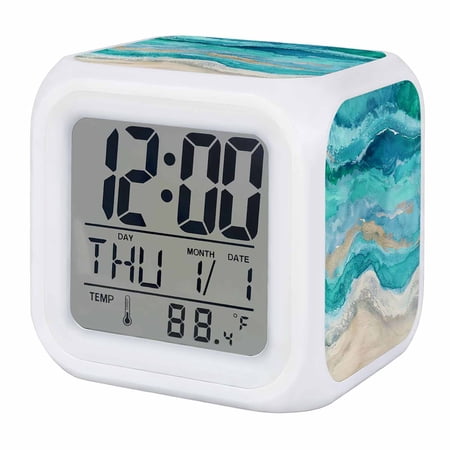 Alarm Clocks Turquoise Digital Clock 7 Color LED Night Light Silent Non-Ticking Battery Operated Beach Ocean Wave Abstract Cube Clocks Decorative for Bedroom Bedside Living Room Office School Decor