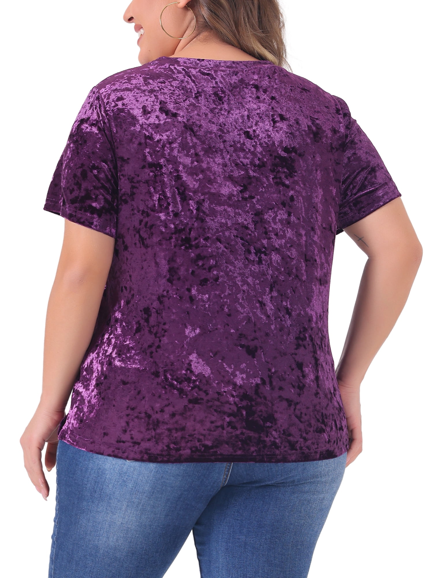 DARING DIVA Women's Plus Crew Neck Short Sleeve Tee Tops Velvet T-Shirt 4X Purple