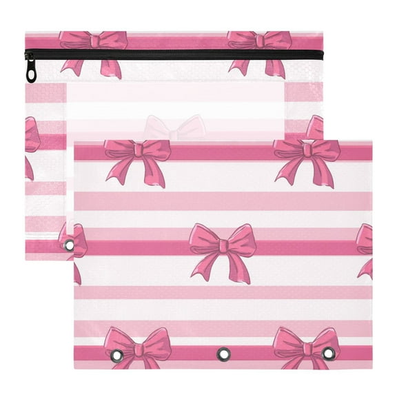 Hot Pink Bows Horizontal Stripes 3-Ring Binder Pouches A4 Size Zipper Pocket File Storage 2 Packs