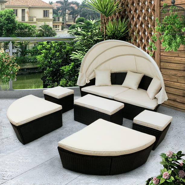 Round Patio Daybed Sunbed, Outdoor Furniture Daybed Cushions