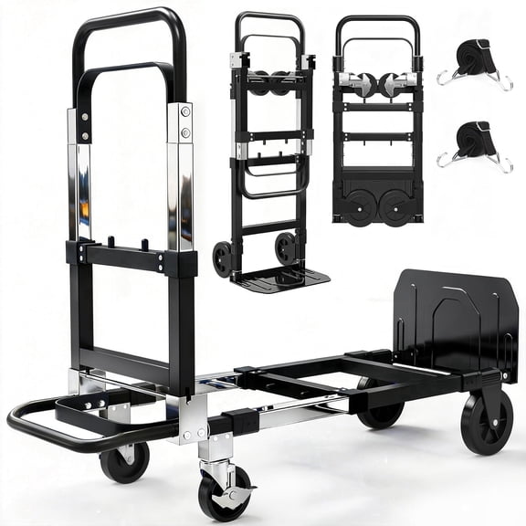 Yacona 3-in-1 Folding Hand Truck, Foldable Dolly Cart with Wheels Heavy Duty, Convertible Hand Cart for Moving with Retractable Handle, Black