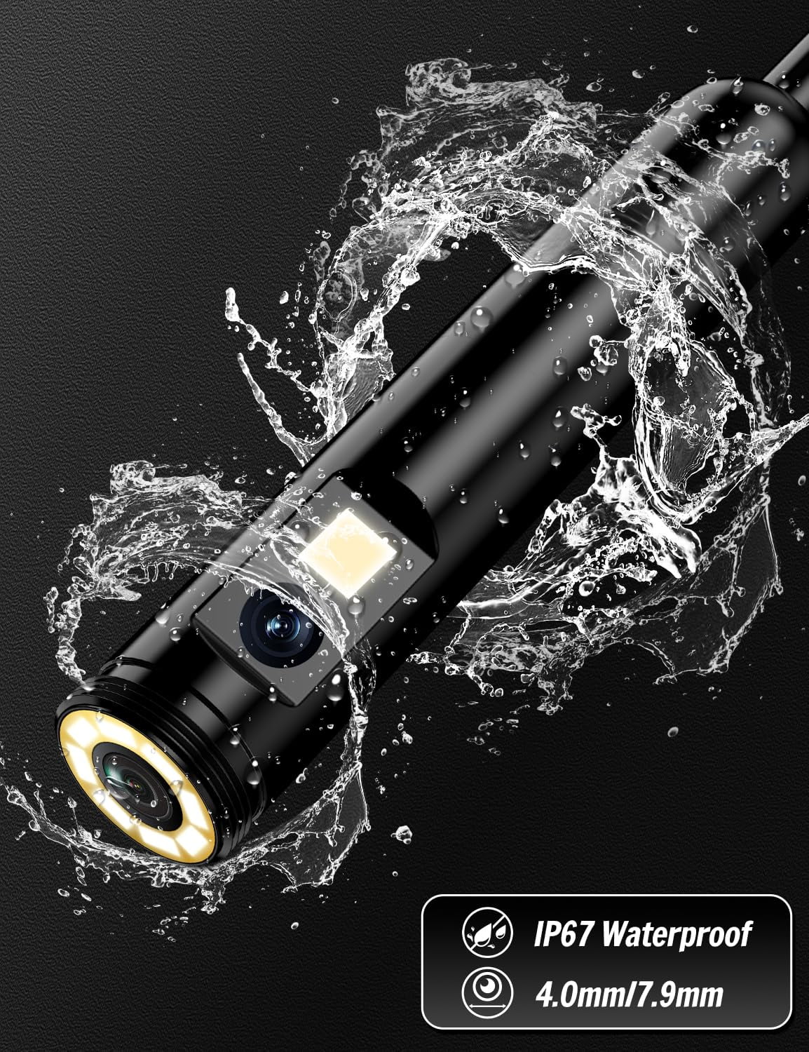Ferdiiz Endoscope Camera with Light, 1920P HD Borescope with 8 Adjustable LED Lights, Borescope with 16.4ft Semi-Rigid Snake Camera with Light, 7.9mm IP67 Waterproof Endoscope for iOS and Android