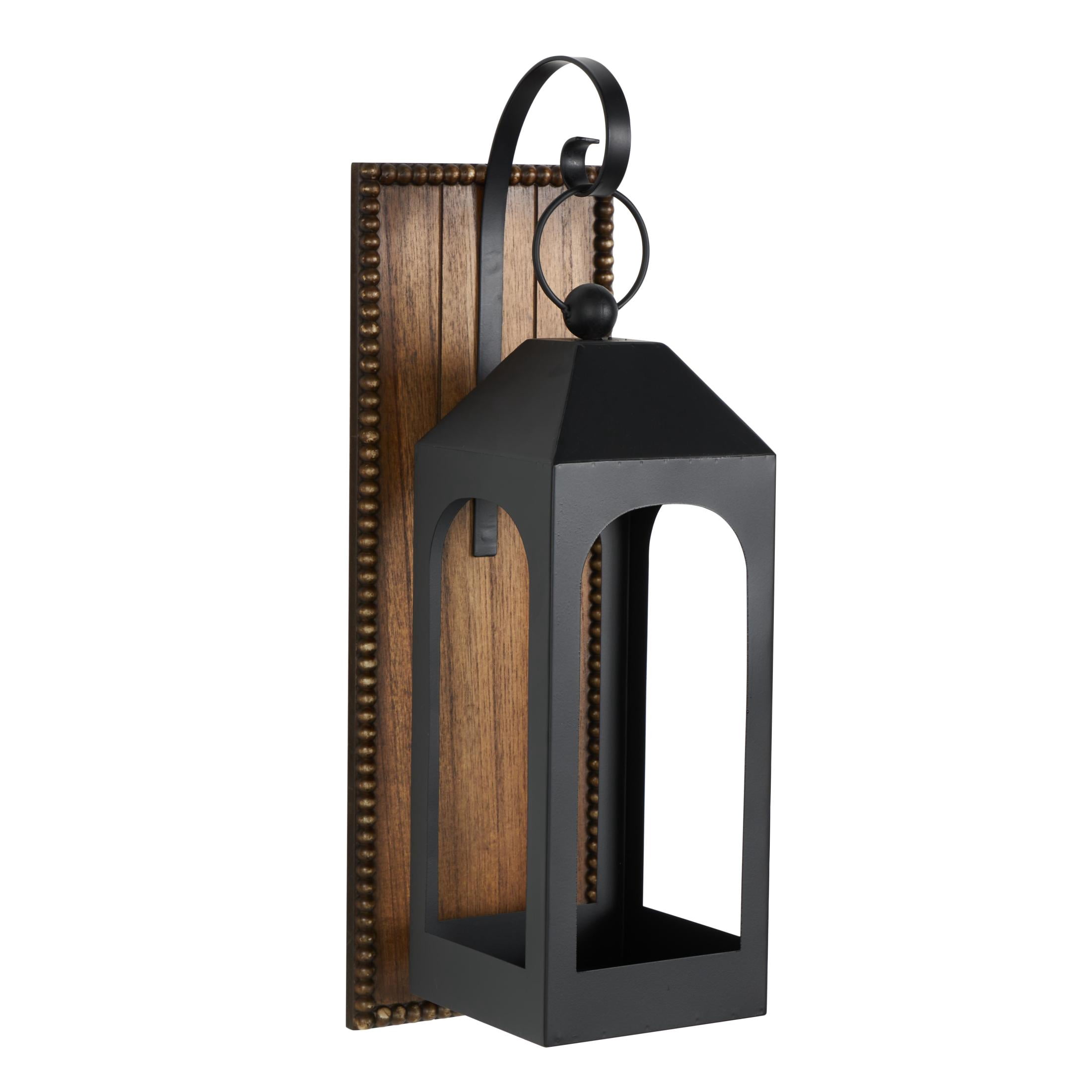 DecMode 2 Holder Black Metal Abstract Suspended Arched Cutout Wall Sconce with Brown Wood Backing and Beaded Edge