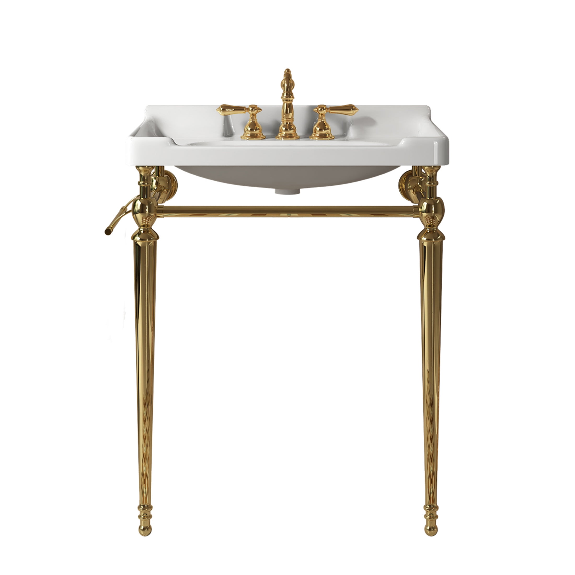 Noble House VICI 28" Bathroom Console Sink, Wall-Mounted Ceramic Basin Vanity with Stainless Steel Legs, White & Gold