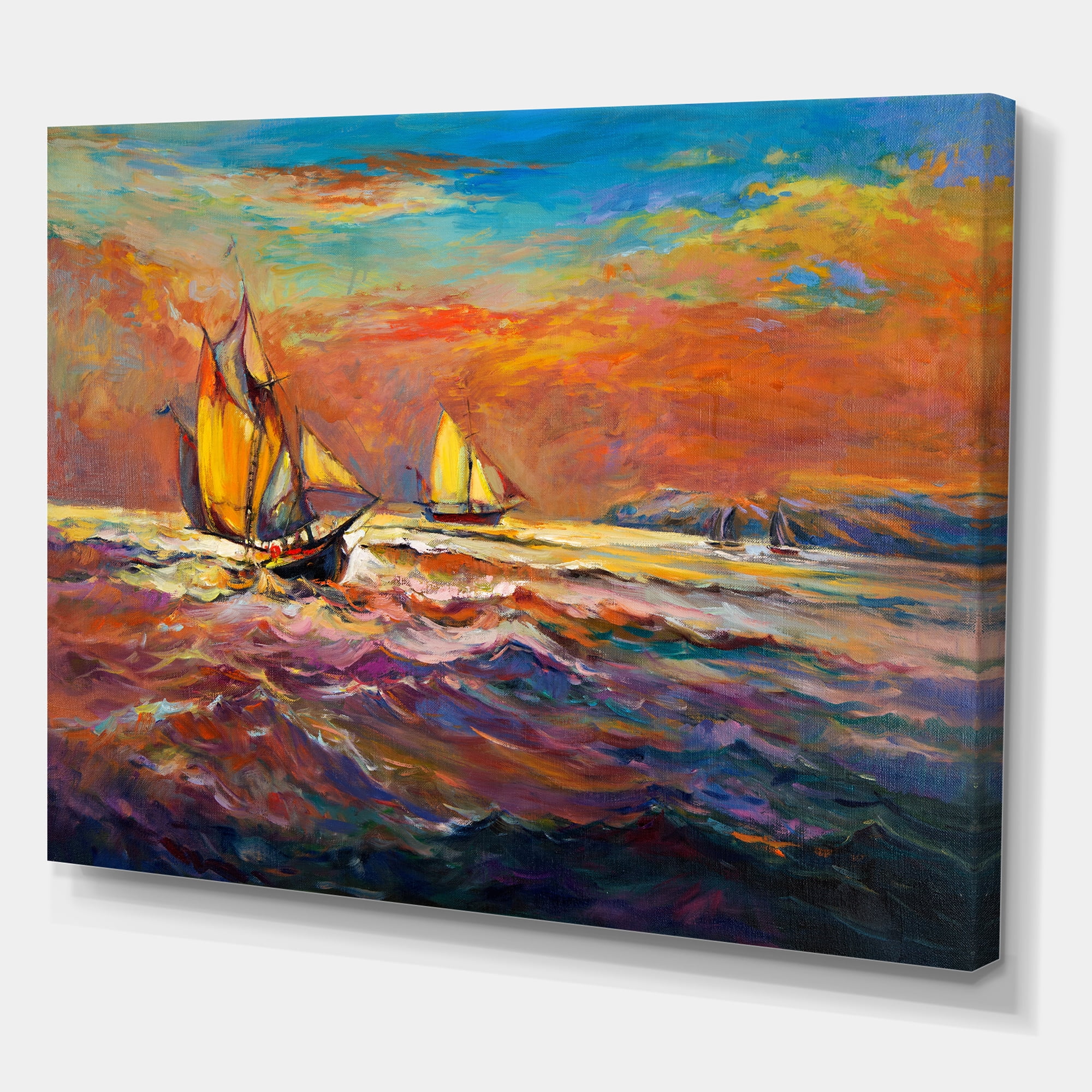 Designart ' Sailships On The Ocean Waves During Orange Evening Glow ' Nautical & Coastal Canvas Wall Art Print
