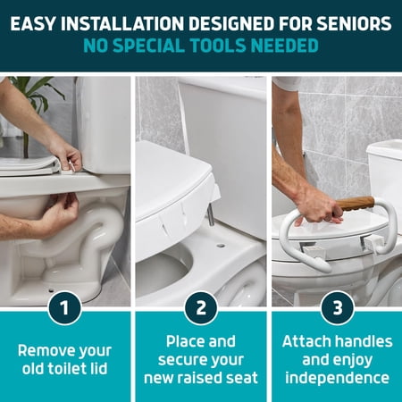 Lunderg Solva Raised Toilet Seat with Handles - Elongated - Easy to Install Toilet Seat Risers for Seniors - Adds 3 Inches & Works Like the one You Always Use - Elegant design - No Hospital Vibe