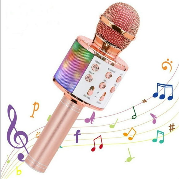 Wireless karaoke microphone for kids with LED lights, Bluetooth, ideal for parties and singing, perfect for Christmas and birthdays, rose gold color.
