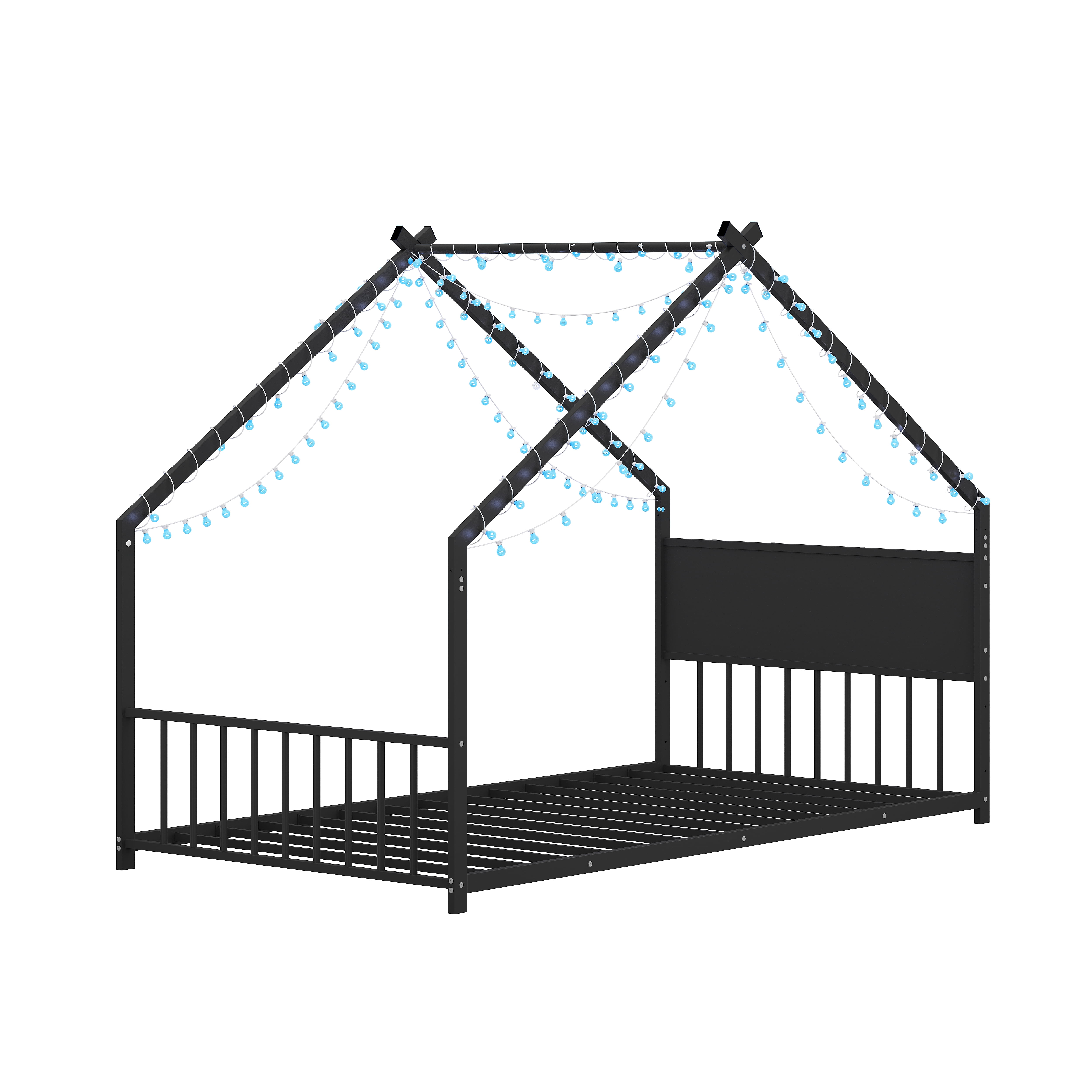 House Bed, Twin Size Bed Frame, Metal Bed with Roof and Colorful Lights, Slats Support No Box Spring Needed, Black Youth Bed