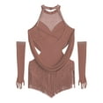thumbnail image 4 of SiiRoh Girls Sparkly Fringe Jazz Latin Dance Leotard Ruched Mesh Drapes Cutout Bodysuit with Gloves Dusty Pink 10, 4 of 5
