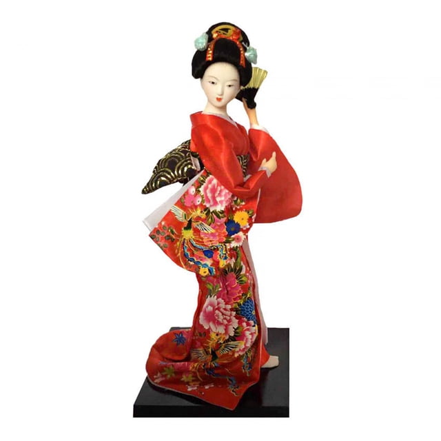 muñecas geisha japonesas étnicas, estatuilla de dama oriental, muñeca geisha asiática de estilo vintage para decoración de mesa; geisha de 25 cm con kimono rojo bordado de motivos florales, pintura a mano, abanico en la mano y peinado tradicional, base cuadrada negra de 9.5 cm, hecha de tela, resina y espuma, ideal para repisa o escritorio.