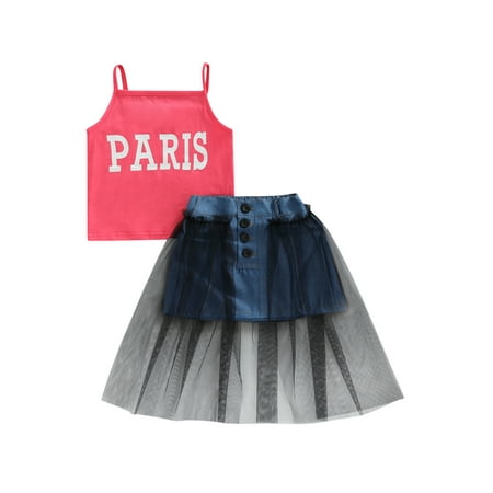

Maemukilabe Little Girls Skirt Outfits Sling Letter Print Camisole Tops Outer Long Sheer Mesh Layer Inner Short Denim Skirt