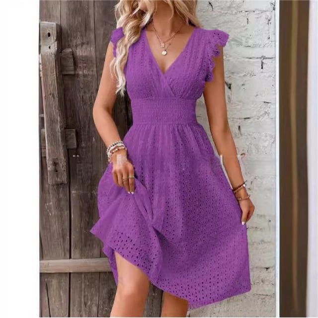 Vestido elegante con mangas de hoja de loto y escote en V.