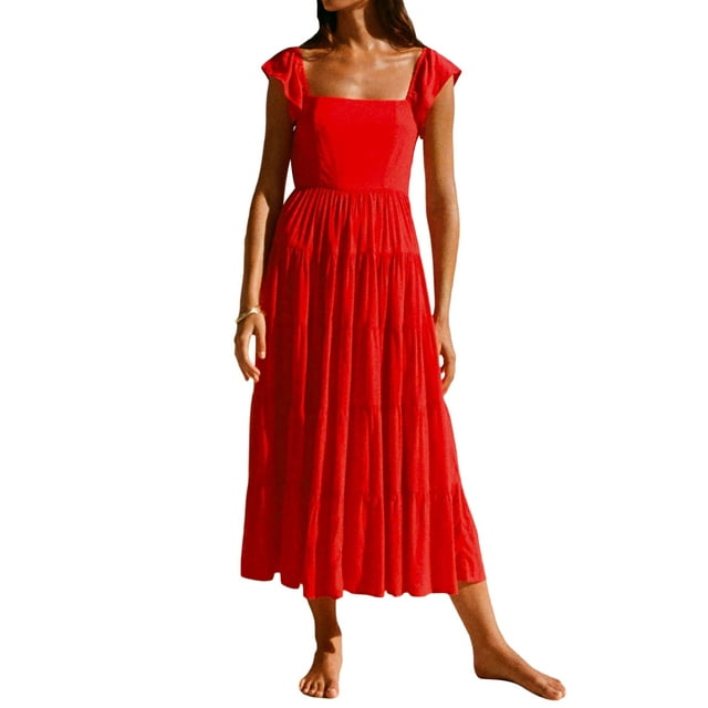 xiaxaixu Robe Sans Manches Fluide pour Femmes Été Grand Ourlet Plissé Col Carré Robe de Plage pour Fête en Club Mode Urbaine