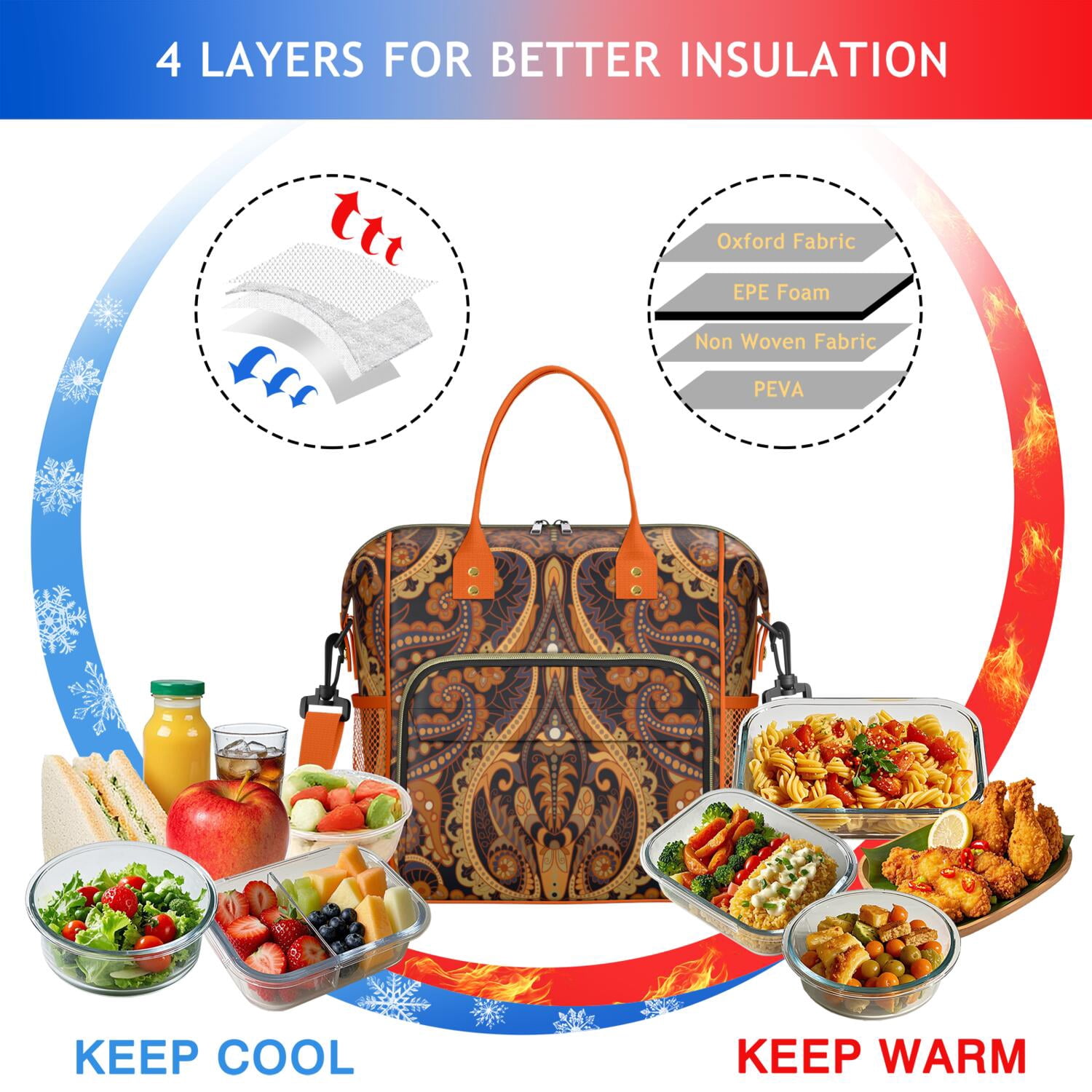 Insulated Lunch Bag with Paisley and Floral Design – Waterproof Large Lunch Box for Women Ideal for Work or Outdoor Picnic