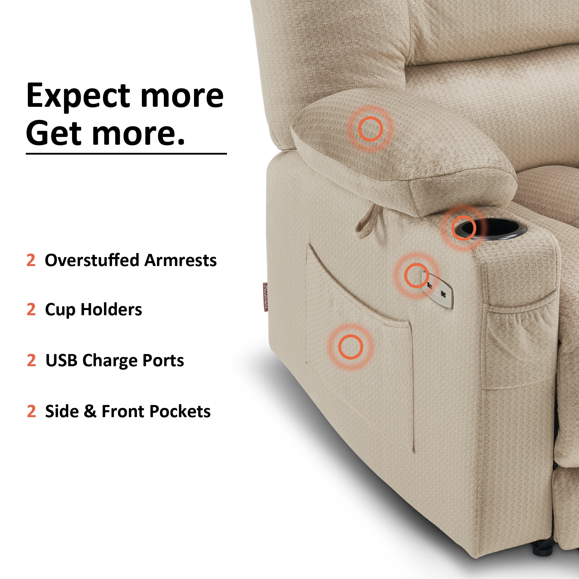 MCombo Electric Power Recliner Chair with Heat and Massage, USB Ports, Cup Holders, Reclining Chair for Living Room 670 (Beige)
