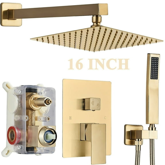 Brushed Gold Shower Faucet Set with Valve Kit 16" Rain Shower Head Combo System