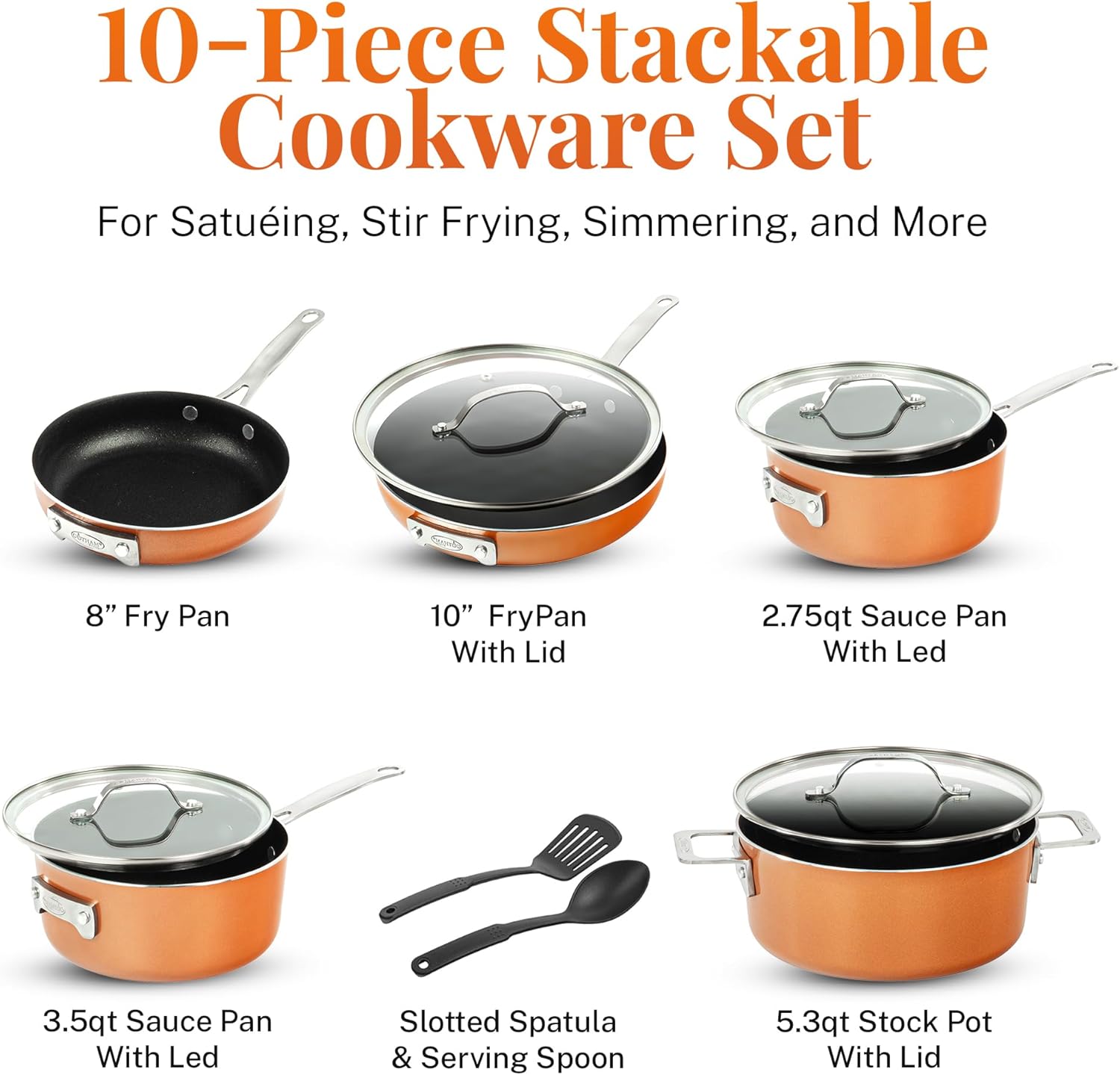 Gotham Steel Stackmaster 10 Pc Pots and Pans Set Non Stick Cookware Set with Kitchen Utensils, Induction Ready, Non Toxic Pot and Pan Set With Space Saving Design, Oven and Dishwasher Safe, Copper