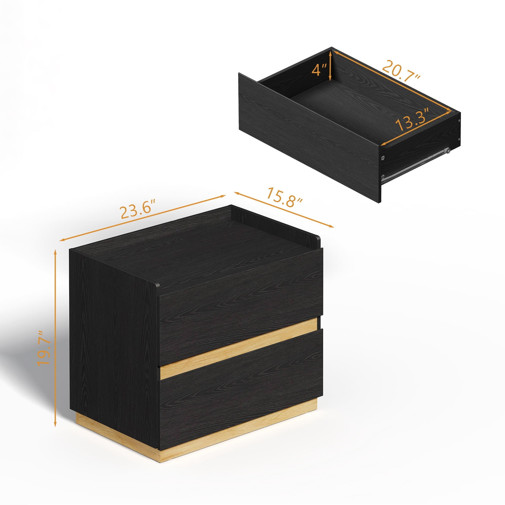 H&3L BLACK Nightstand ，Modern large Bedside Table， Wood Stackable  2 Drawer Dresser for Clothes for Closet，Bedroom,Living Room，16"D x 24"W x 20"H