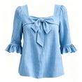thumbnail image 5 of Mifsaly Womens Square Neck Blouses Front Bow 3/4 Ruffle Bell Sleeve Tops Lightweight Textured Loose Fit Dressy Casual Work Linen Blouse Light Blue,M, 5 of 5